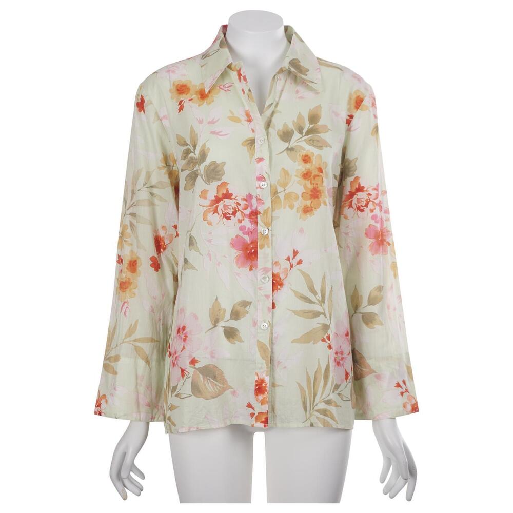 Charter Club Top 14 Green Floral Button-Up 100% Cotton Lightweight Casual
